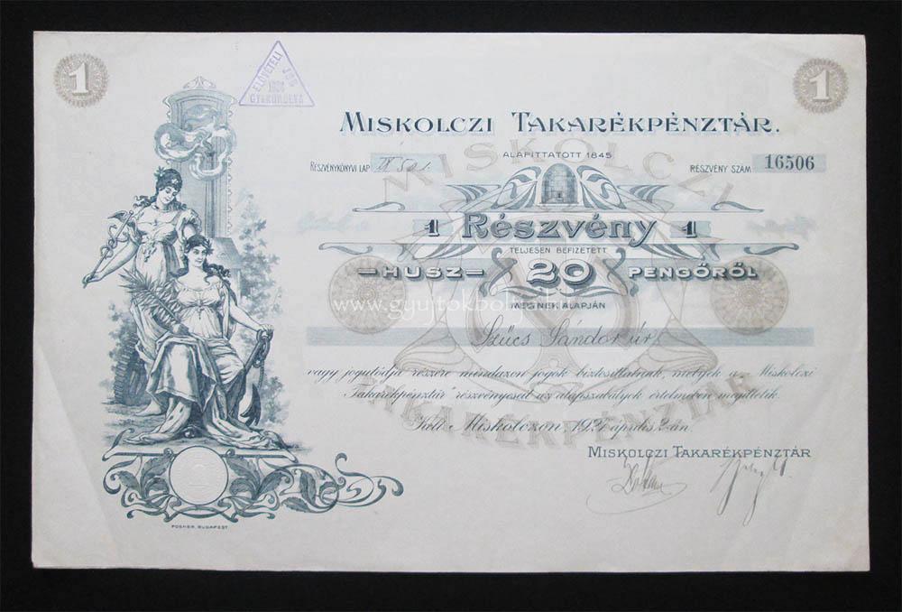 Miskolczi Takarékpénztár részvény 20 pengő 1927 Miskolc